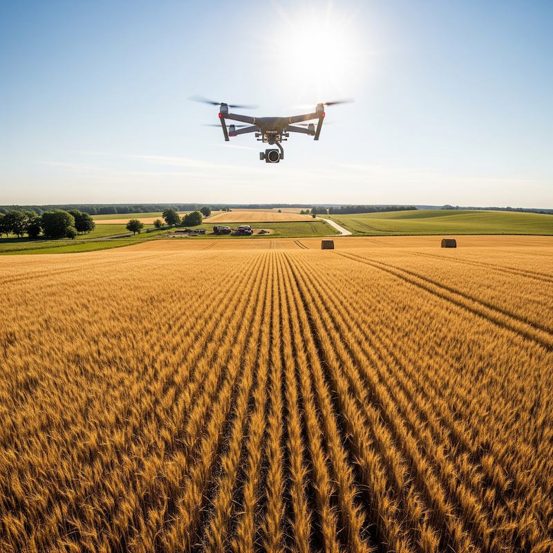 drone flying over wheat field